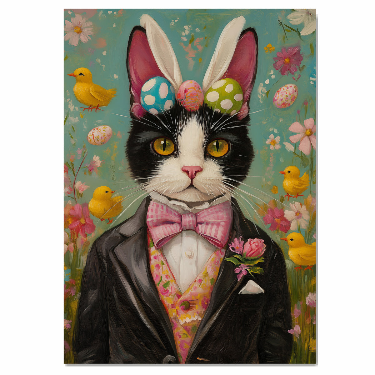 Easter Mischief: Black and White Tuxedo Cat Posing in a Charming Holiday Outfit on Ready to Hang 1.5" Thick Canvas Wrap, Floating Framed Canvas, Flat Rolled Canvas