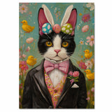 Easter Mischief: Black and White Tuxedo Cat Posing in a Charming Holiday Outfit on Ready to Hang 1.5" Thick Canvas Wrap, Floating Framed Canvas, Flat Rolled Canvas