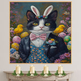 Festive Whiskers: Black and White Tuxedo Cat Showcasing a Stylish Easter Attire on Ready to Hang 1.5" Thick Canvas Wrap, Floating Framed Canvas, Flat Rolled Canvas