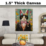 Easter Mischief: Black and White Tuxedo Cat Posing in a Charming Holiday Outfit on Ready to Hang 1.5" Thick Canvas Wrap, Floating Framed Canvas, Flat Rolled Canvas