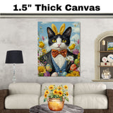 Playful Charm: Black and White Tuxedo Cat Dressed in a Vibrant Easter Ensemble on Ready to Hang 1.5" Thick Canvas Wrap, Floating Framed Canvas, Flat Rolled Canvas