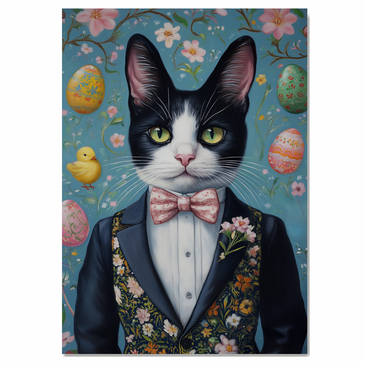 Springtime Delight: Black and White Tuxedo Cat Posing in a Festive Easter Costume on Ready to Hang 1.5" Thick Canvas Wrap, Floating Framed Canvas, Flat Rolled Canvas