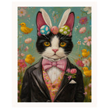Easter Mischief: Black and White Tuxedo Cat Posing in a Charming Holiday Outfit on Ready to Hang 1.5" Thick Canvas Wrap, Floating Framed Canvas, Flat Rolled Canvas