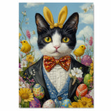 Playful Charm: Black and White Tuxedo Cat Dressed in a Vibrant Easter Ensemble on Ready to Hang 1.5" Thick Canvas Wrap, Floating Framed Canvas, Flat Rolled Canvas