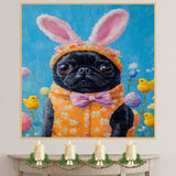 Joyful Hops: Black Pug Sporting a Playful Easter Ensemble on Ready to Hang 1.5" Thick Canvas Wrap, Floating Framed Canvas, Flat Rolled Canvas