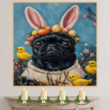 Springtime Fun: Black Pug Dressed in a Cute Easter Costume on Ready to Hang 1.5" Thick Canvas Wrap, Floating Framed Canvas, Flat Rolled Canvas