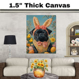 Sunny Celebrations: Black Pug Dressed in a Delightful Easter Costume on Decorative Canvas Wrap, Framed Print, or Rolled Artwork