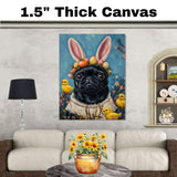 Springtime Fun: Black Pug Dressed in a Cute Easter Costume on Ready to Hang 1.5" Thick Canvas Wrap, Floating Framed Canvas, Flat Rolled Canvas