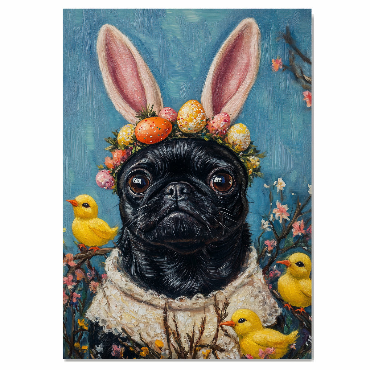 Springtime Fun: Black Pug Dressed in a Cute Easter Costume on Ready to Hang 1.5" Thick Canvas Wrap, Floating Framed Canvas, Flat Rolled Canvas