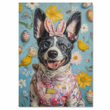 Hoppy Holidays: Blue Heeler Sporting a Playful Easter Attire on Decorative Canvas Wrap, Framed Print, or Rolled Artwork