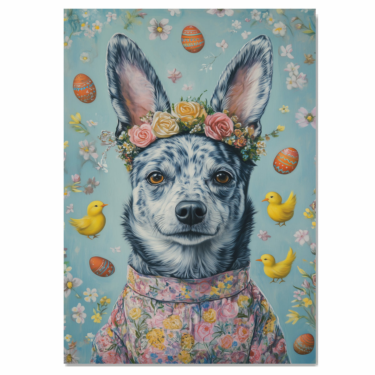 Festive Paws: Blue Heeler Showcasing a Cheerful Easter Look on High-Quality Canvas Wrap, Framed Print, or Rolled Artwork