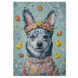 Festive Paws: Blue Heeler Showcasing a Cheerful Easter Look on High-Quality Canvas Wrap, Framed Print, or Rolled Artwork