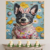 Hoppy Holidays: Blue Heeler Sporting a Playful Easter Attire on Decorative Canvas Wrap, Framed Print, or Rolled Artwork