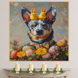 Springtime Spirit: Blue Heeler Showing Off a Festive Easter Costume on Premium Canvas Wrap, Framed Print, or Rolled Artwork