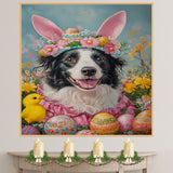 Easter Delight: Border Collie Posing in a Colorful Holiday Outfit on Artistic Canvas Wrap, Framed Print, or Rolled Artwork