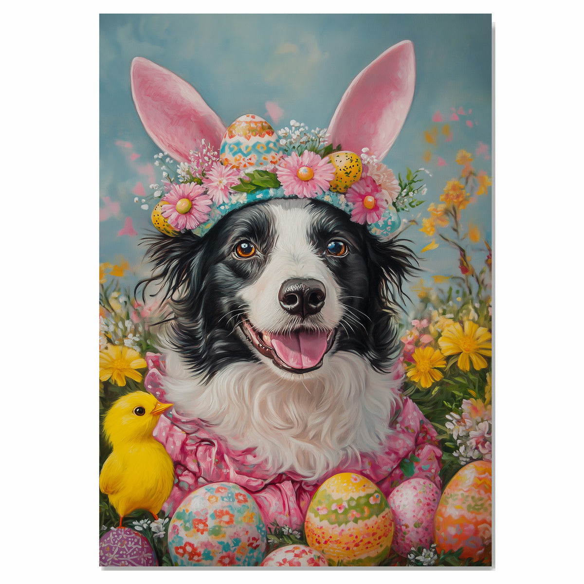 Easter Delight: Border Collie Posing in a Colorful Holiday Outfit on Artistic Canvas Wrap, Framed Print, or Rolled Artwork