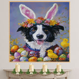 Springtime Cheer: Border Collie Dressed in a Festive Easter Costume on Premium Canvas Wrap, Framed Print, or Rolled Artwork