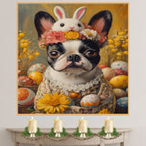 Springtime Fun: Boston Terrier Posing in a Cheerful Easter Costume on Artistic Canvas Wrap, Framed Print, or Rolled Artwork