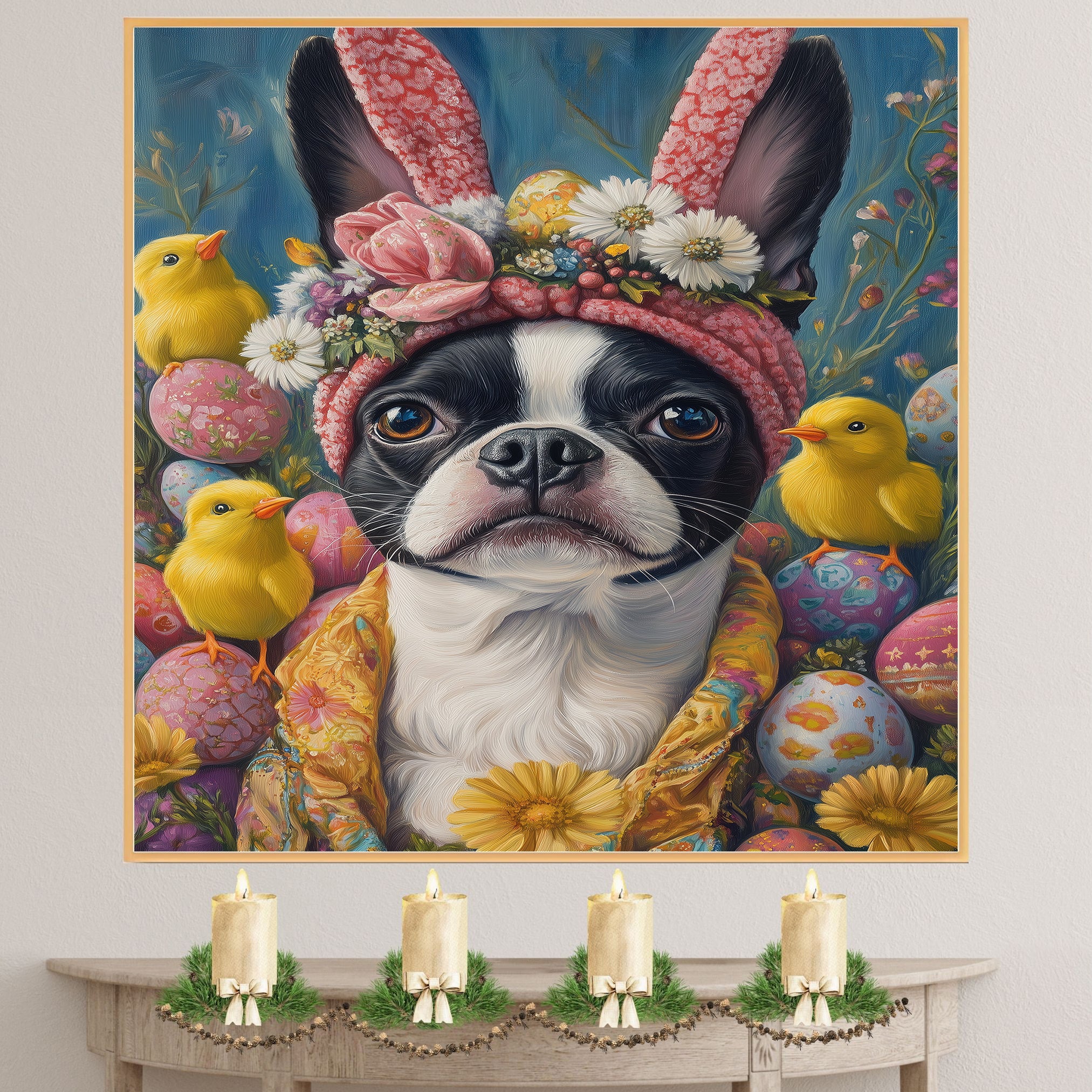 Easter Joy: Boston Terrier Dressed in a Festive Spring Outfit on Premium Canvas Wrap, Framed Print, or Rolled Artwork
