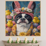 Easter Joy: Boston Terrier Dressed in a Festive Spring Outfit on Premium Canvas Wrap, Framed Print, or Rolled Artwork