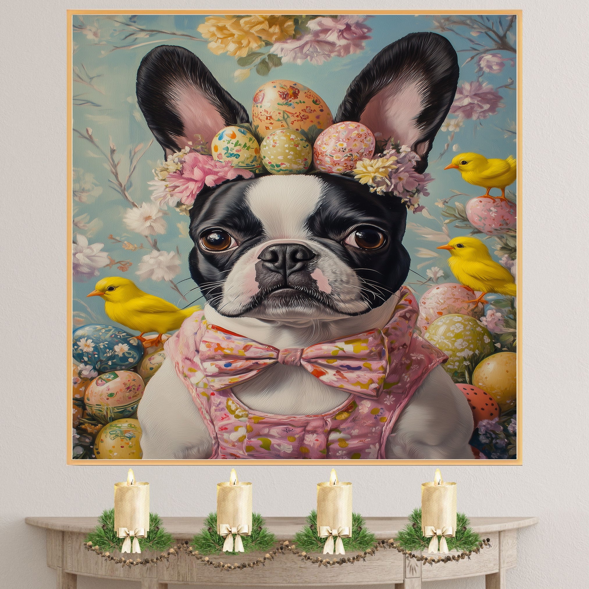 Festive Paws: Boston Terrier Sporting a Charming Springtime Look on High-Quality Canvas Wrap, Framed Print, or Rolled Artwork
