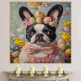 Festive Paws: Boston Terrier Sporting a Charming Springtime Look on High-Quality Canvas Wrap, Framed Print, or Rolled Artwork