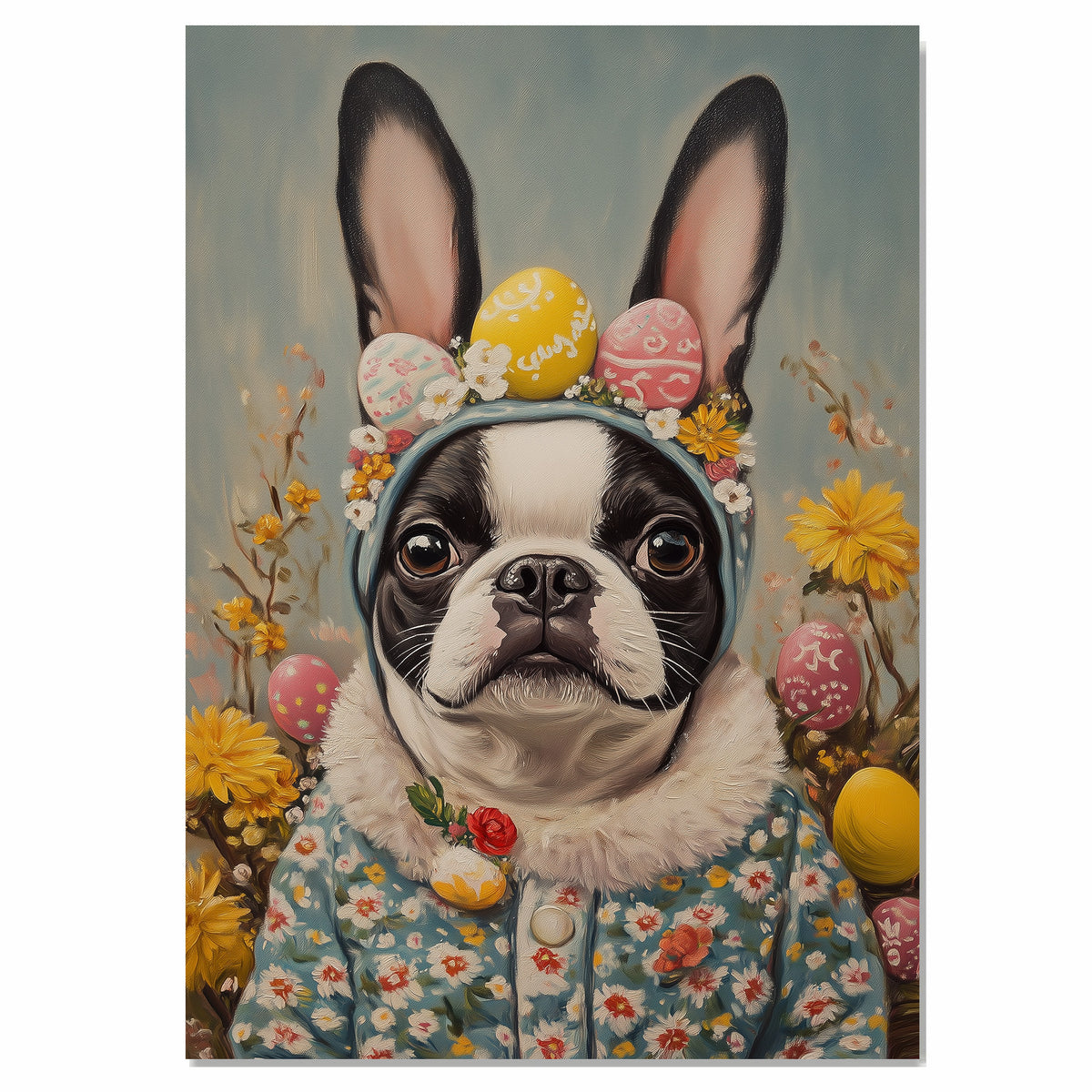 Hoppy Easter: Boston Terrier Showing Off a Playful Holiday Ensemble on Decorative Canvas Wrap, Framed Print, or Rolled Artwork