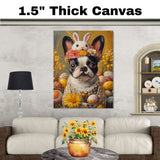 Springtime Fun: Boston Terrier Posing in a Cheerful Easter Costume on Artistic Canvas Wrap, Framed Print, or Rolled Artwork
