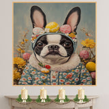 Hoppy Easter: Boston Terrier Showing Off a Playful Holiday Ensemble on Decorative Canvas Wrap, Framed Print, or Rolled Artwork