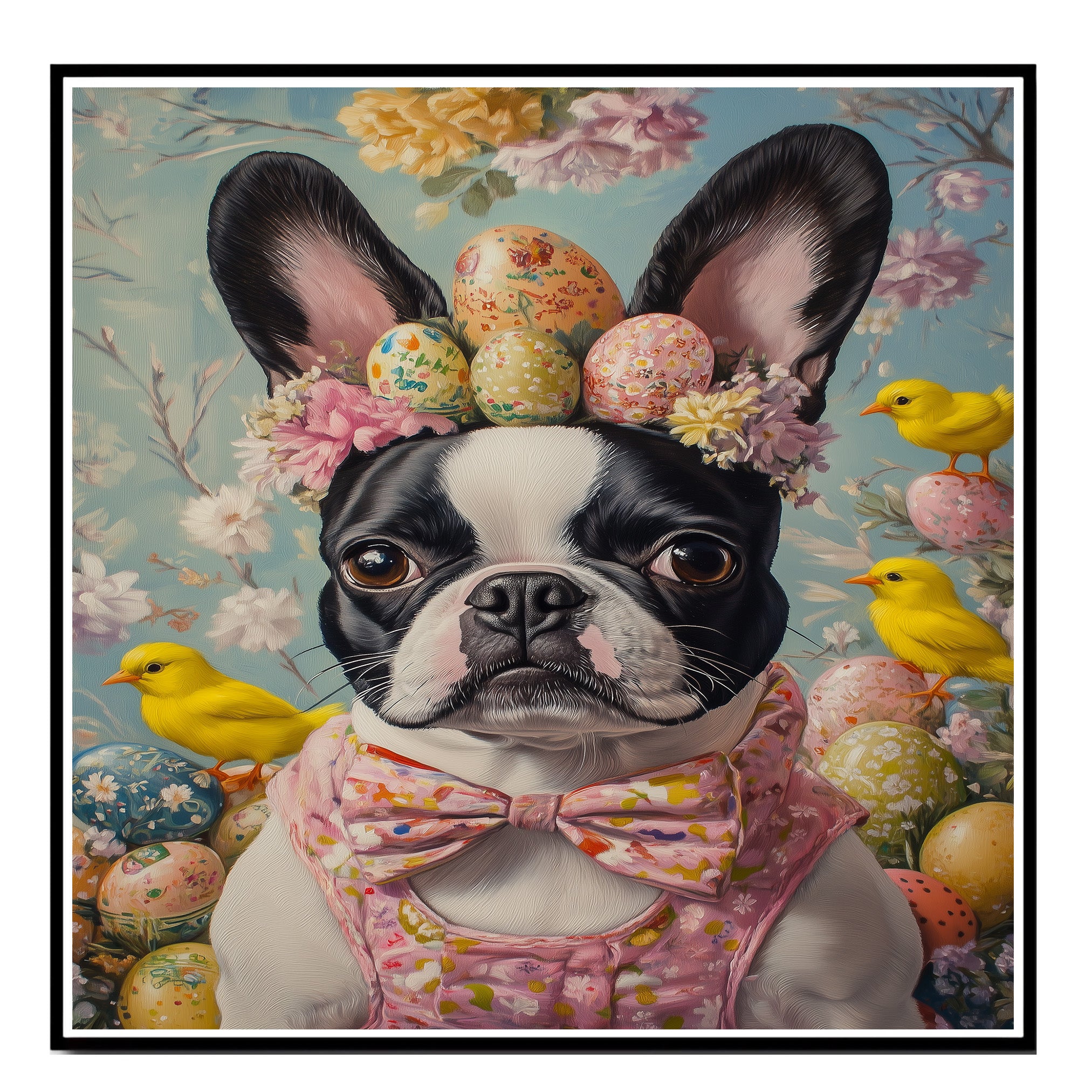 Festive Paws: Boston Terrier Sporting a Charming Springtime Look on High-Quality Canvas Wrap, Framed Print, or Rolled Artwork