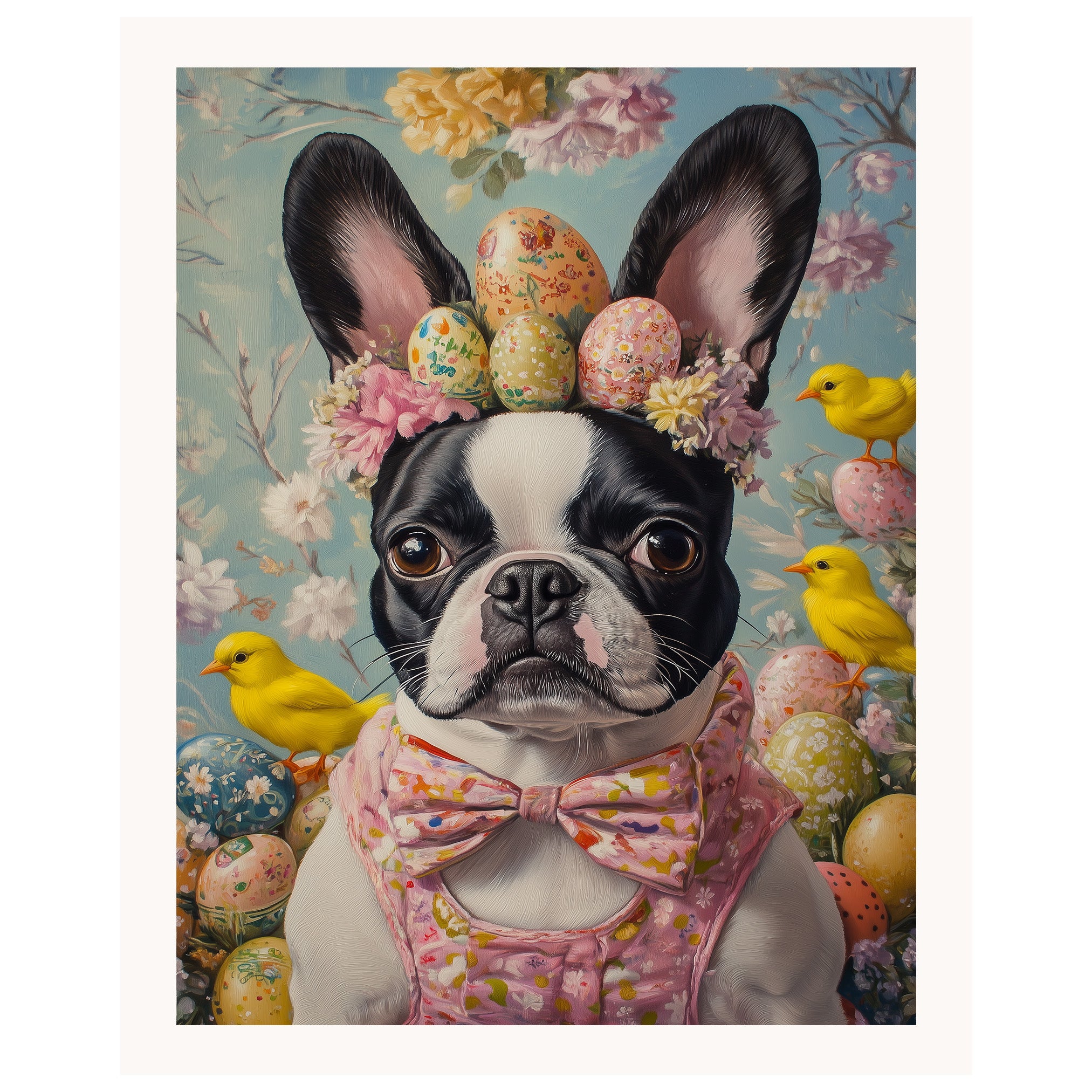 Festive Paws: Boston Terrier Sporting a Charming Springtime Look on High-Quality Canvas Wrap, Framed Print, or Rolled Artwork