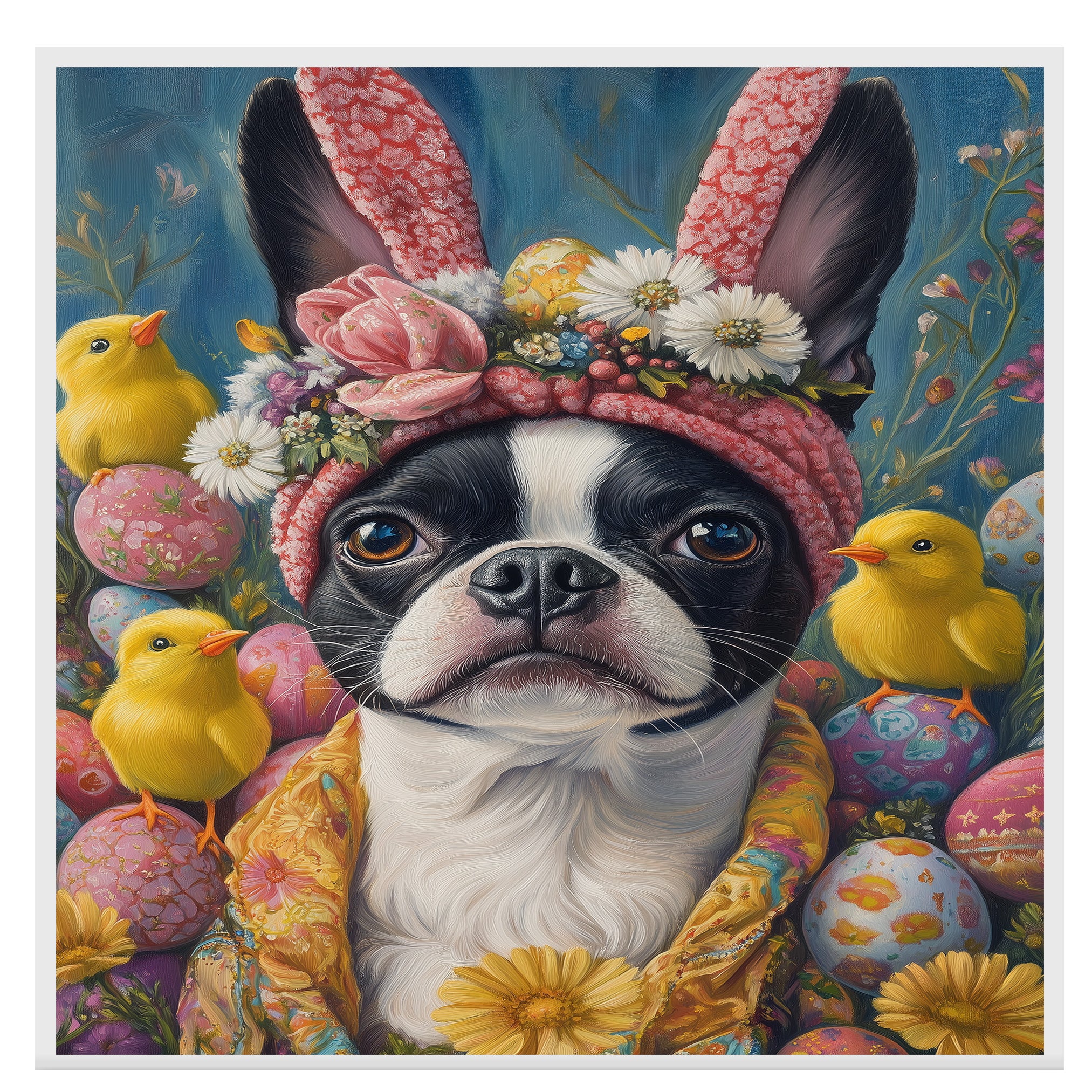 Easter Joy: Boston Terrier Dressed in a Festive Spring Outfit on Premium Canvas Wrap, Framed Print, or Rolled Artwork