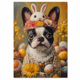 Springtime Fun: Boston Terrier Posing in a Cheerful Easter Costume on Artistic Canvas Wrap, Framed Print, or Rolled Artwork