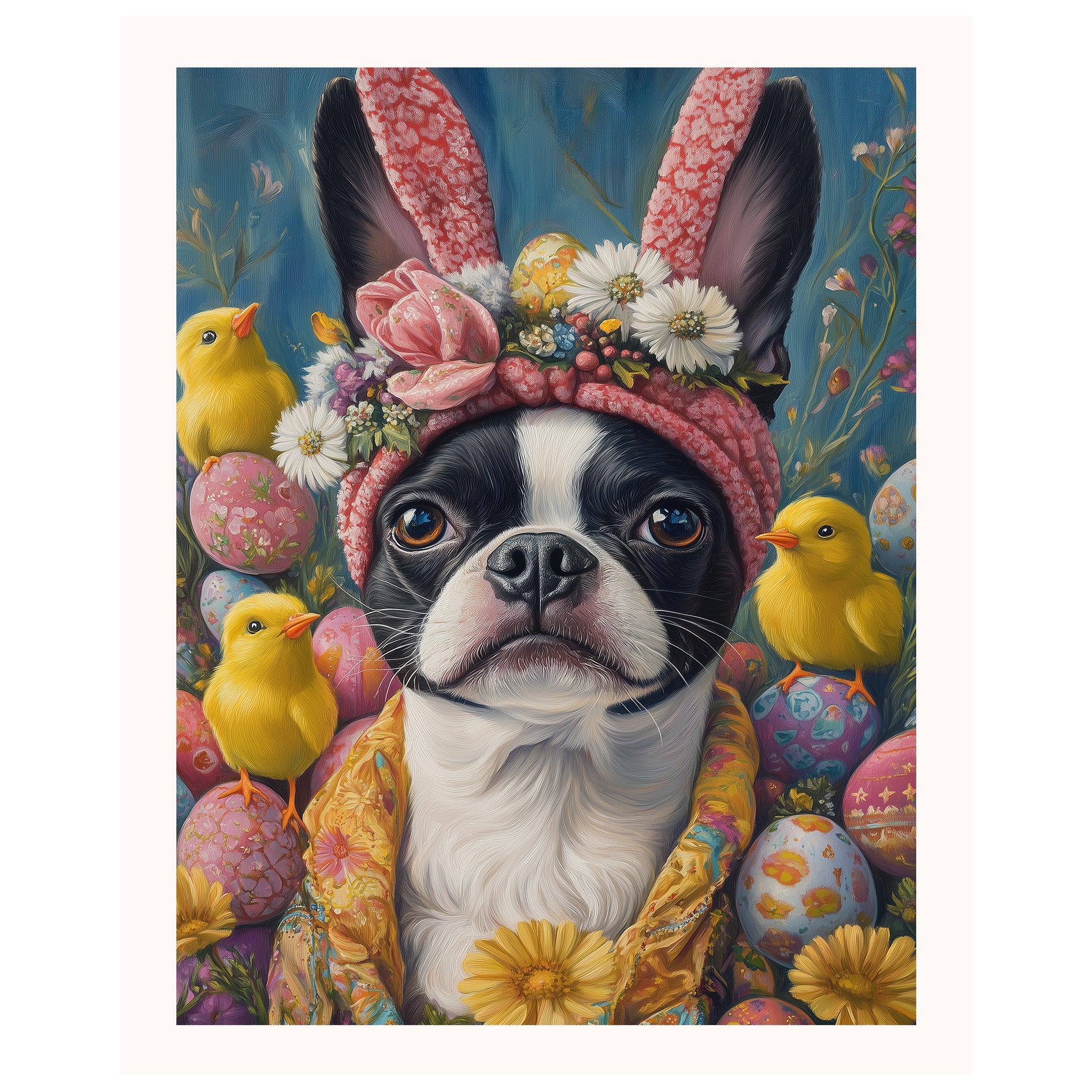 Easter Joy: Boston Terrier Dressed in a Festive Spring Outfit on Premium Canvas Wrap, Framed Print, or Rolled Artwork