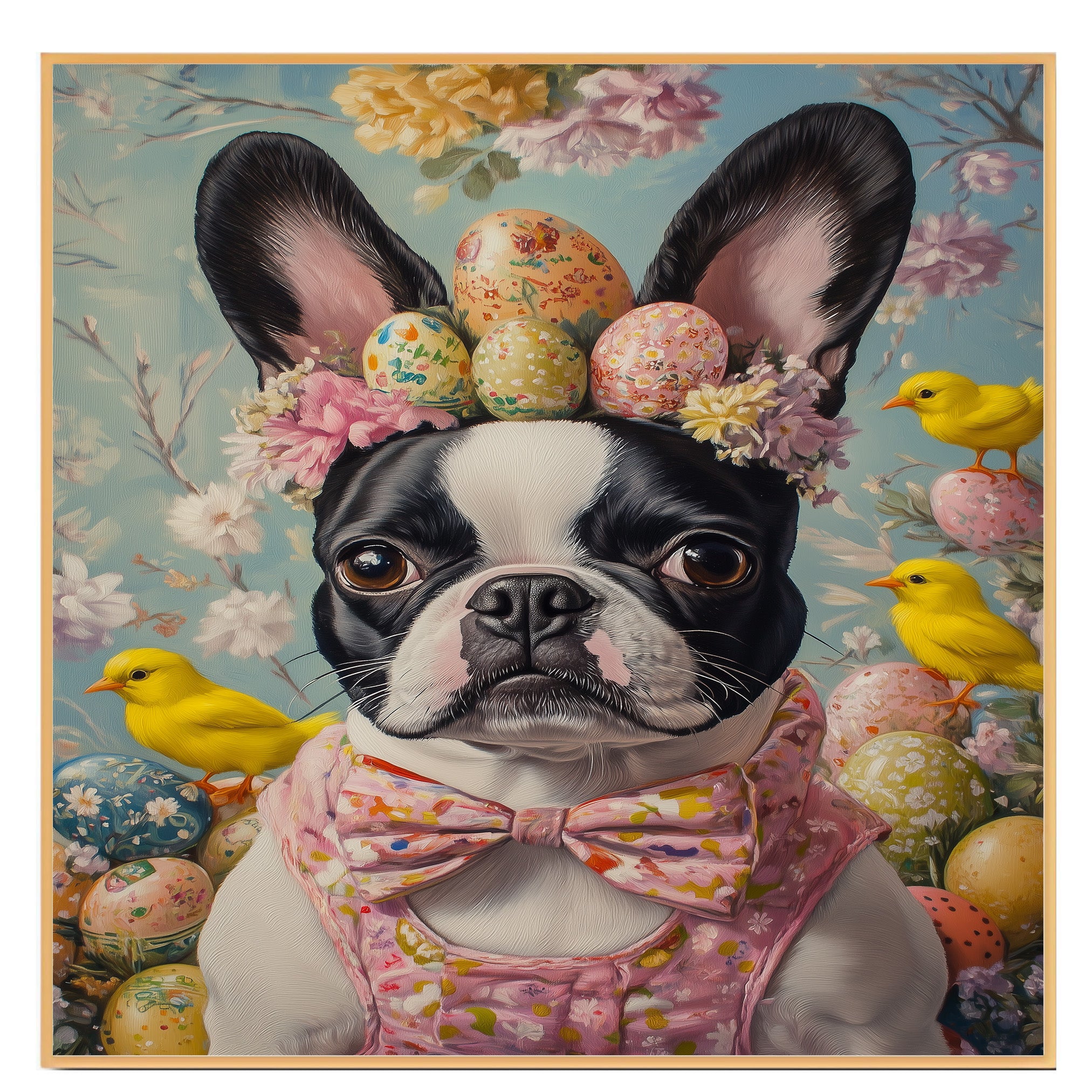 Festive Paws: Boston Terrier Sporting a Charming Springtime Look on High-Quality Canvas Wrap, Framed Print, or Rolled Artwork