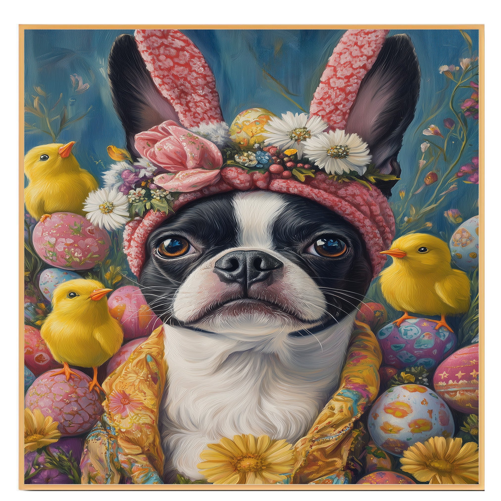 Easter Joy: Boston Terrier Dressed in a Festive Spring Outfit on Premium Canvas Wrap, Framed Print, or Rolled Artwork
