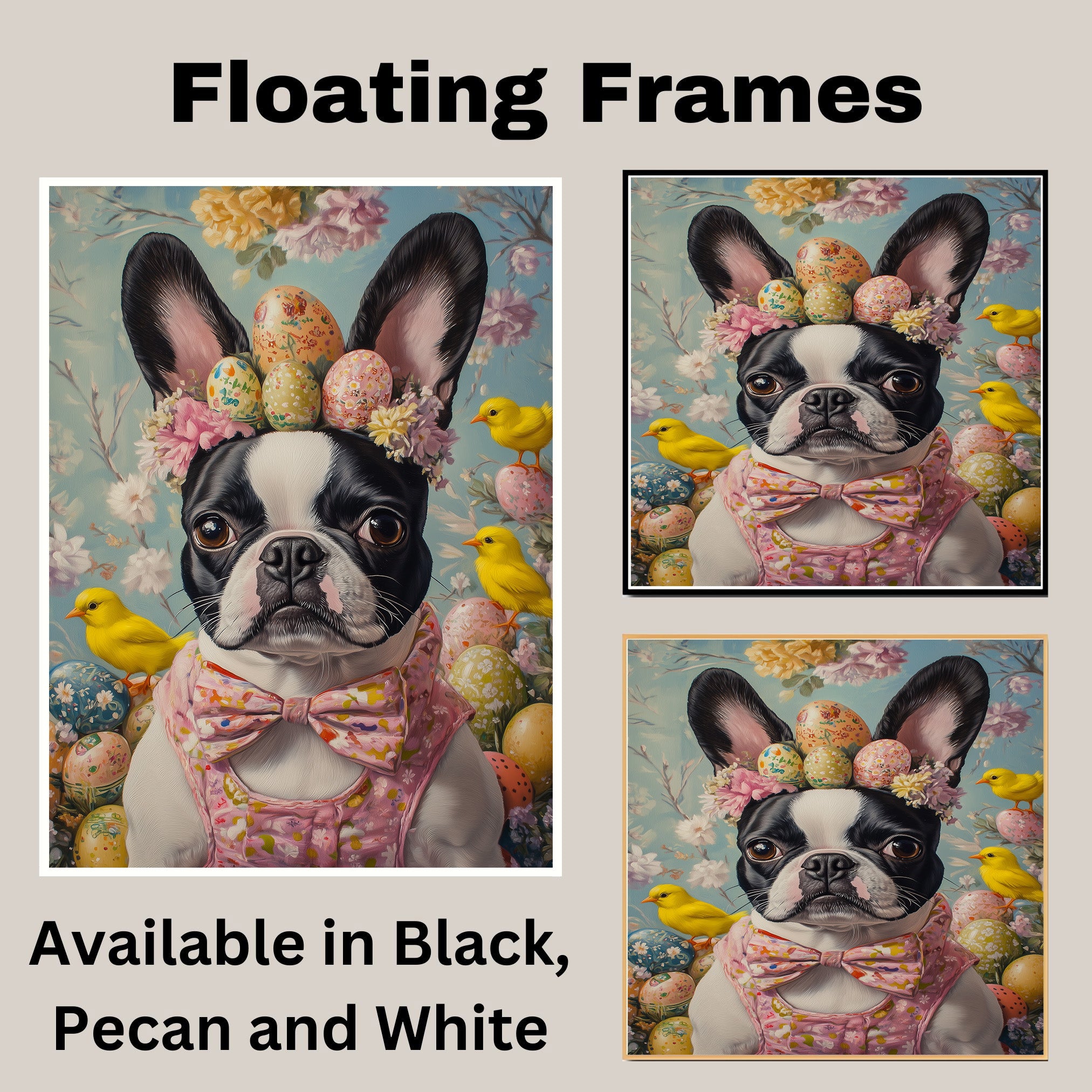 Festive Paws: Boston Terrier Sporting a Charming Springtime Look on High-Quality Canvas Wrap, Framed Print, or Rolled Artwork