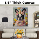 Festive Paws: Boston Terrier Sporting a Charming Springtime Look on High-Quality Canvas Wrap, Framed Print, or Rolled Artwork