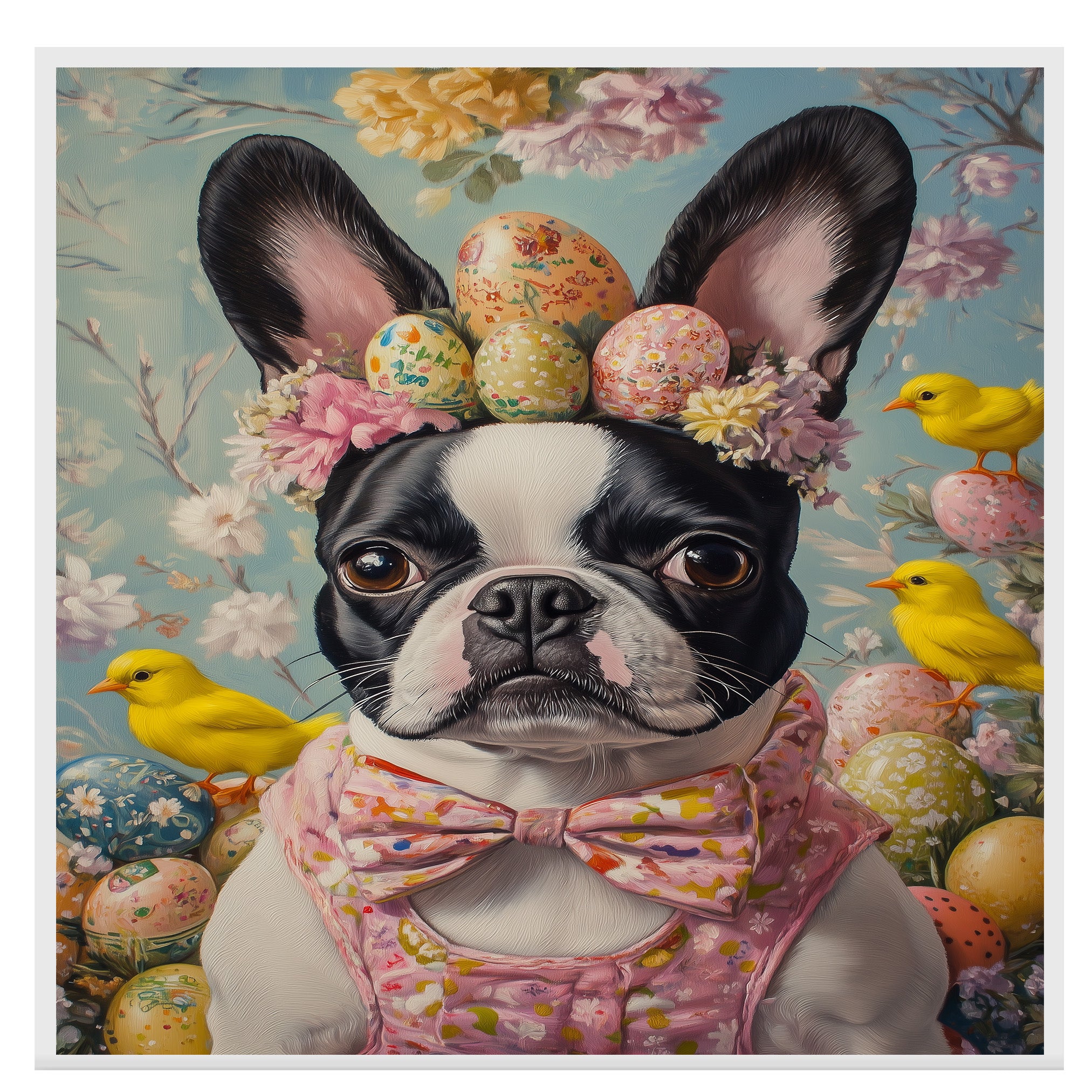 Festive Paws: Boston Terrier Sporting a Charming Springtime Look on High-Quality Canvas Wrap, Framed Print, or Rolled Artwork