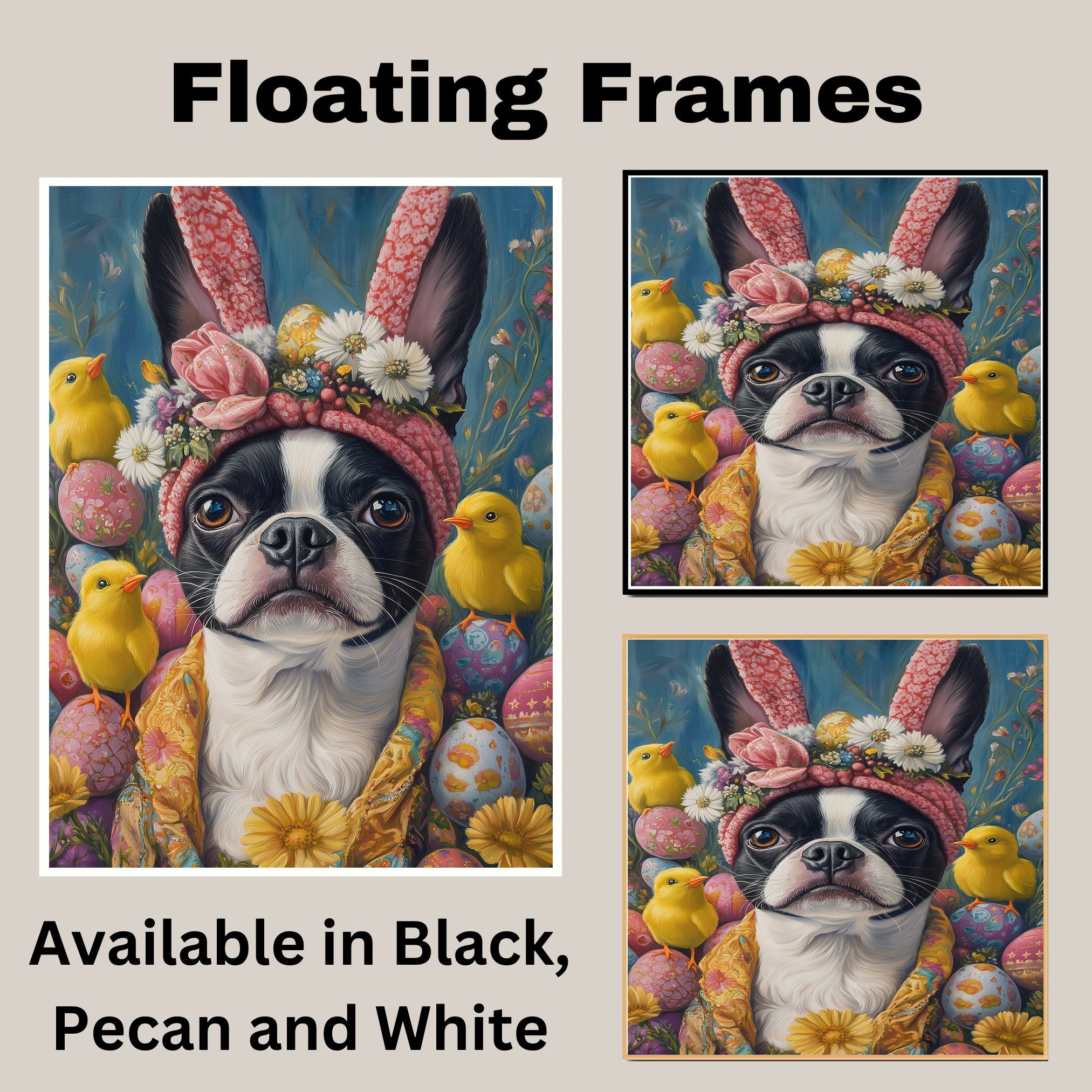Easter Joy: Boston Terrier Dressed in a Festive Spring Outfit on Premium Canvas Wrap, Framed Print, or Rolled Artwork