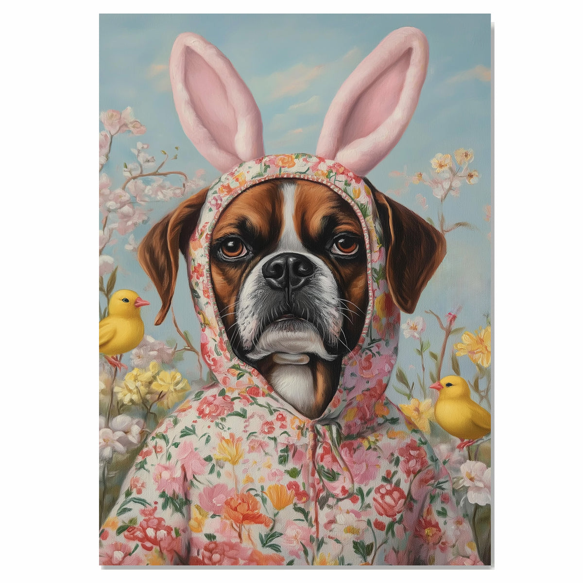 Spring Whimsy: Boxer Dog Dressed in a Cheerful Easter Costume on Premium Canvas Wrap, Framed Print, or Rolled Artwork