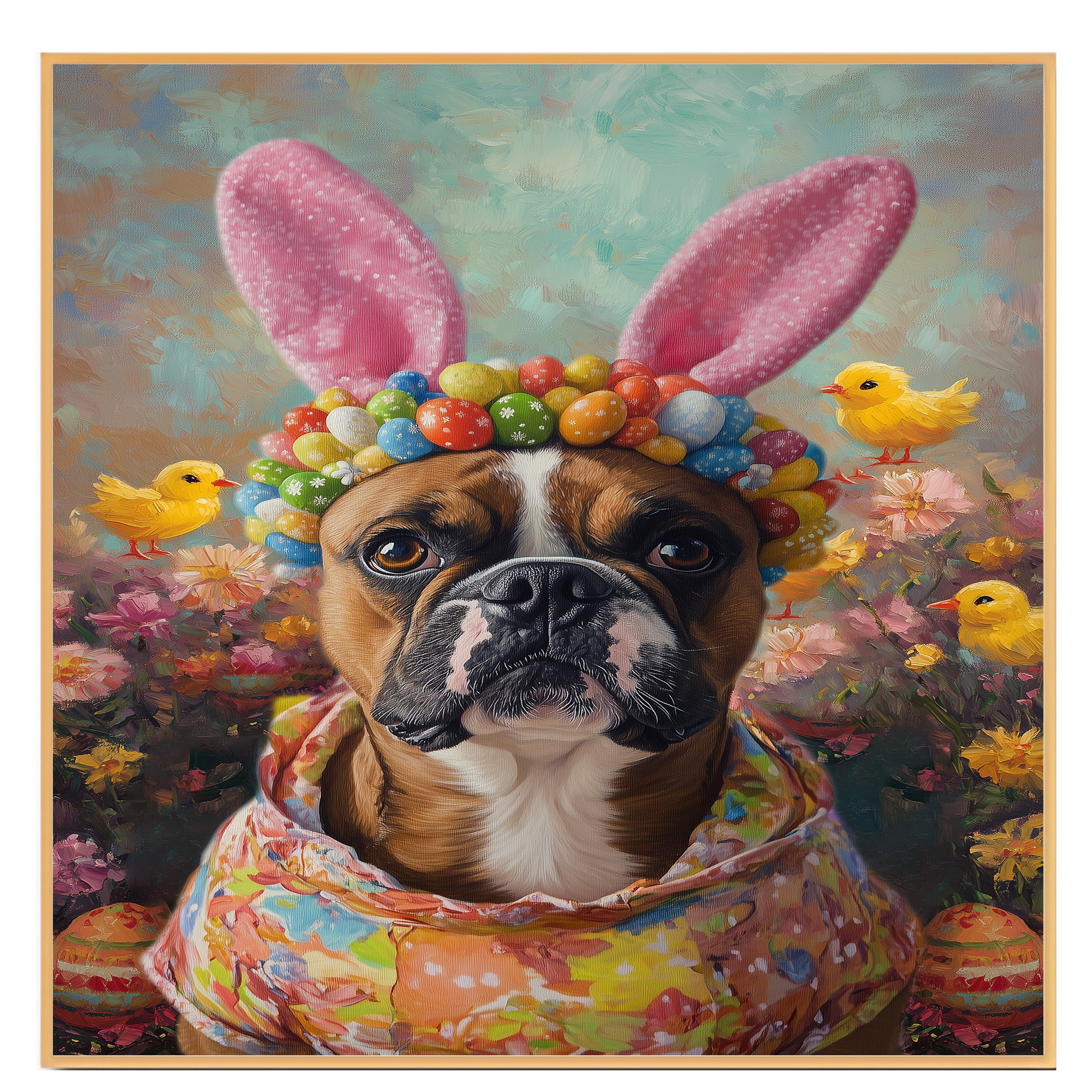 Easter Charm: Boxer Dog Posing in a Festive Spring Outfit on Artistic Canvas Wrap, Framed Print, or Rolled Artwork