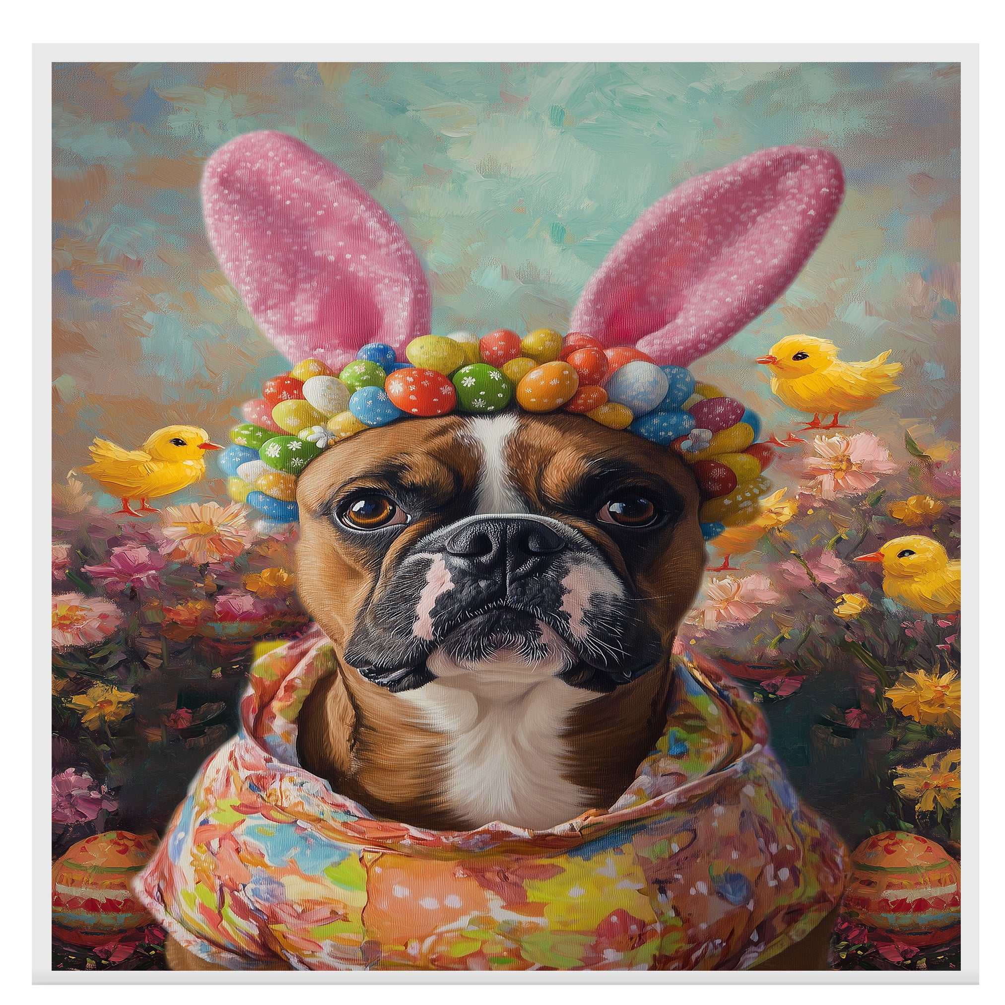Easter Charm: Boxer Dog Posing in a Festive Spring Outfit on Artistic Canvas Wrap, Framed Print, or Rolled Artwork