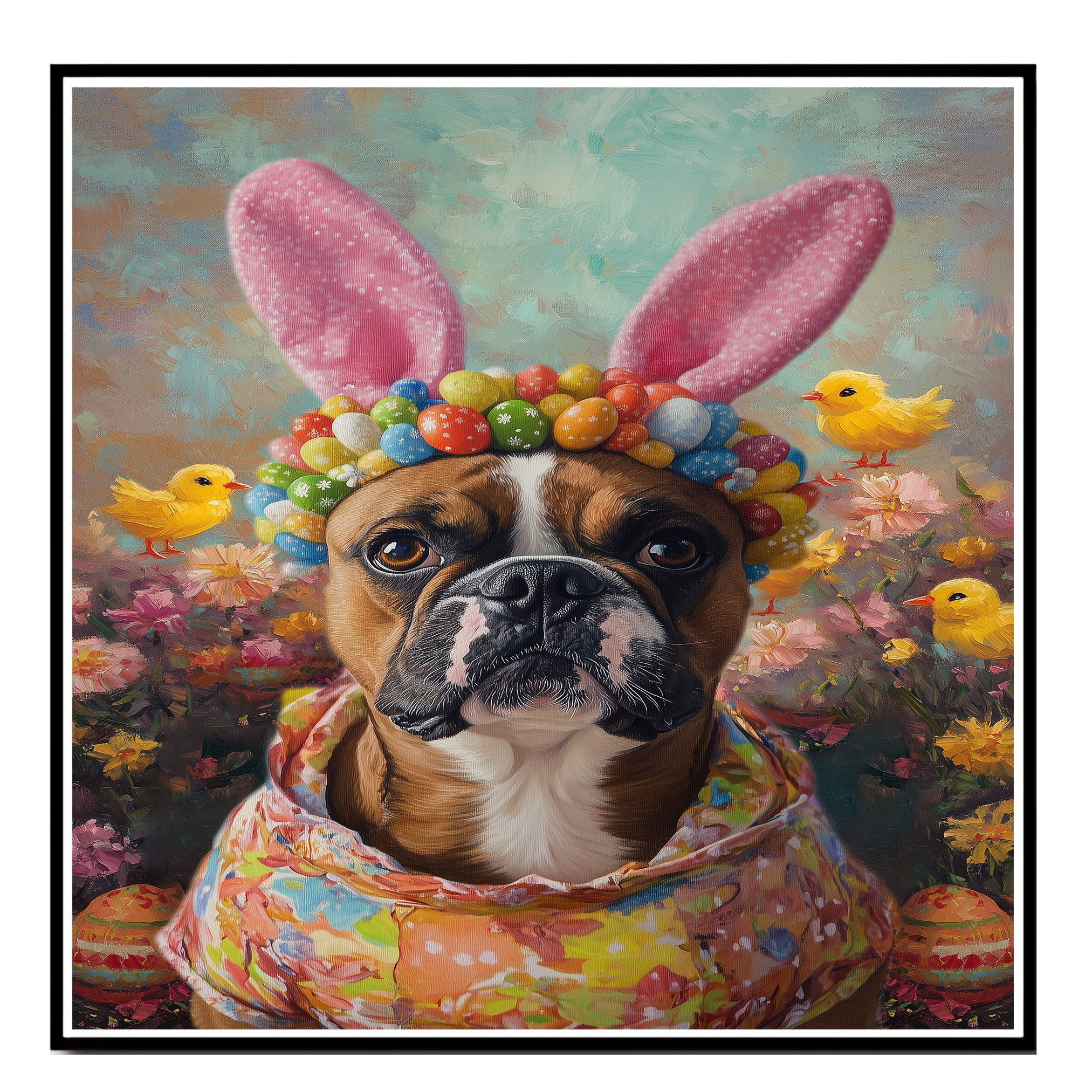 Easter Charm: Boxer Dog Posing in a Festive Spring Outfit on Artistic Canvas Wrap, Framed Print, or Rolled Artwork
