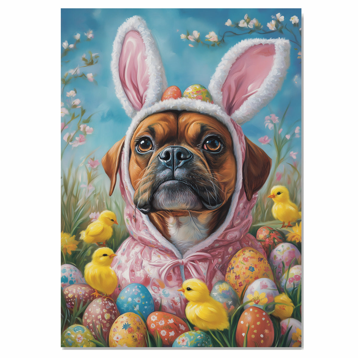 Hoppy Celebrations: Boxer Dog Showing Off a Playful Easter Attire on Decorative Canvas Wrap, Framed Print, or Rolled Artwork