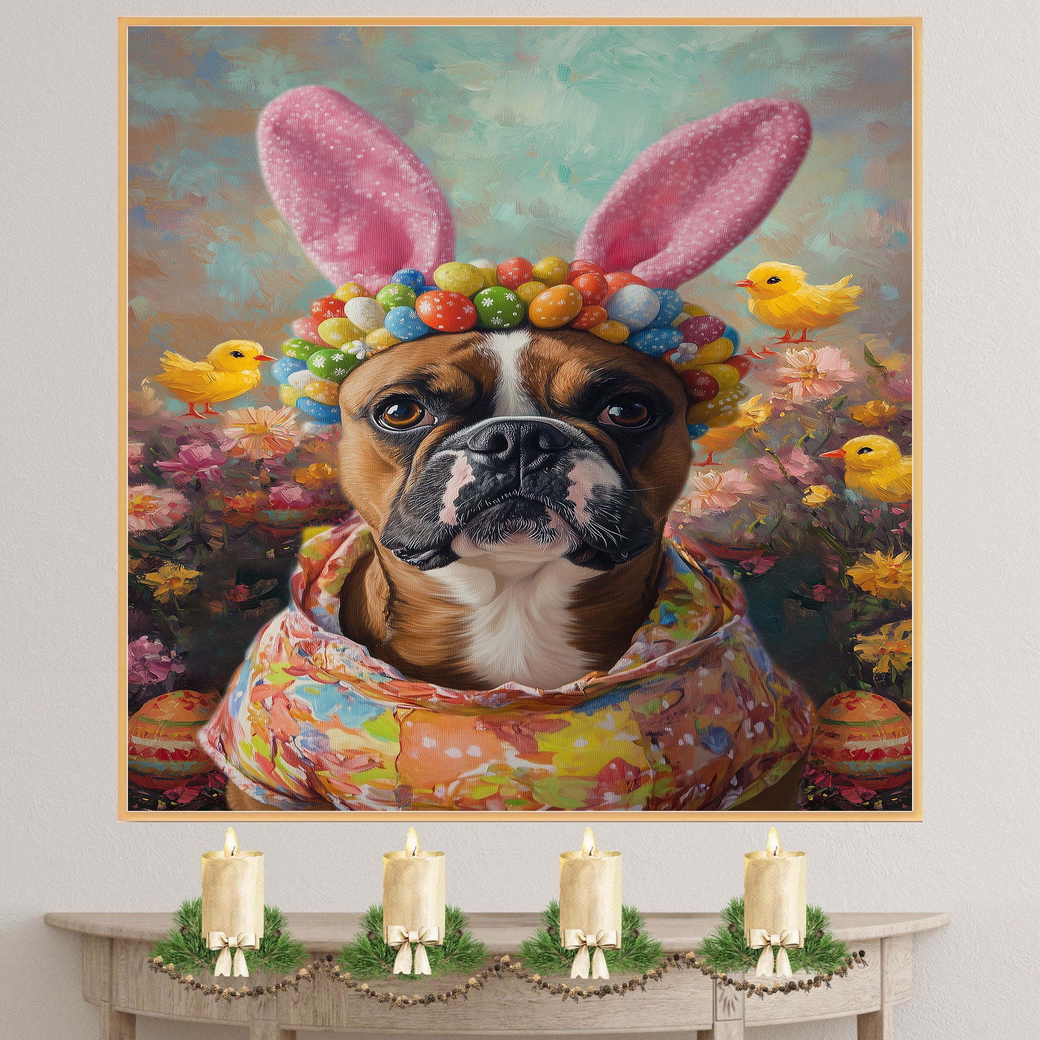 Easter Charm: Boxer Dog Posing in a Festive Spring Outfit on Artistic Canvas Wrap, Framed Print, or Rolled Artwork