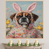 Spring Whimsy: Boxer Dog Dressed in a Cheerful Easter Costume on Premium Canvas Wrap, Framed Print, or Rolled Artwork