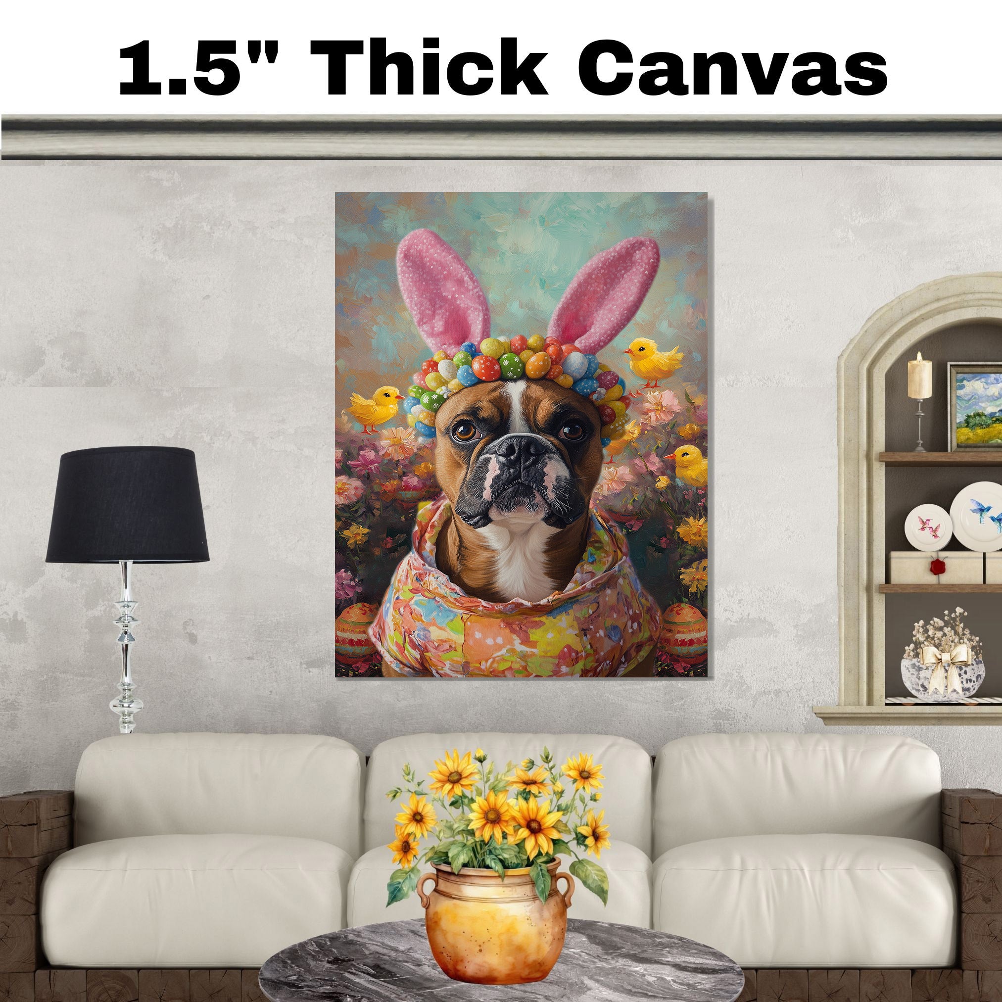 Easter Charm: Boxer Dog Posing in a Festive Spring Outfit on Artistic Canvas Wrap, Framed Print, or Rolled Artwork