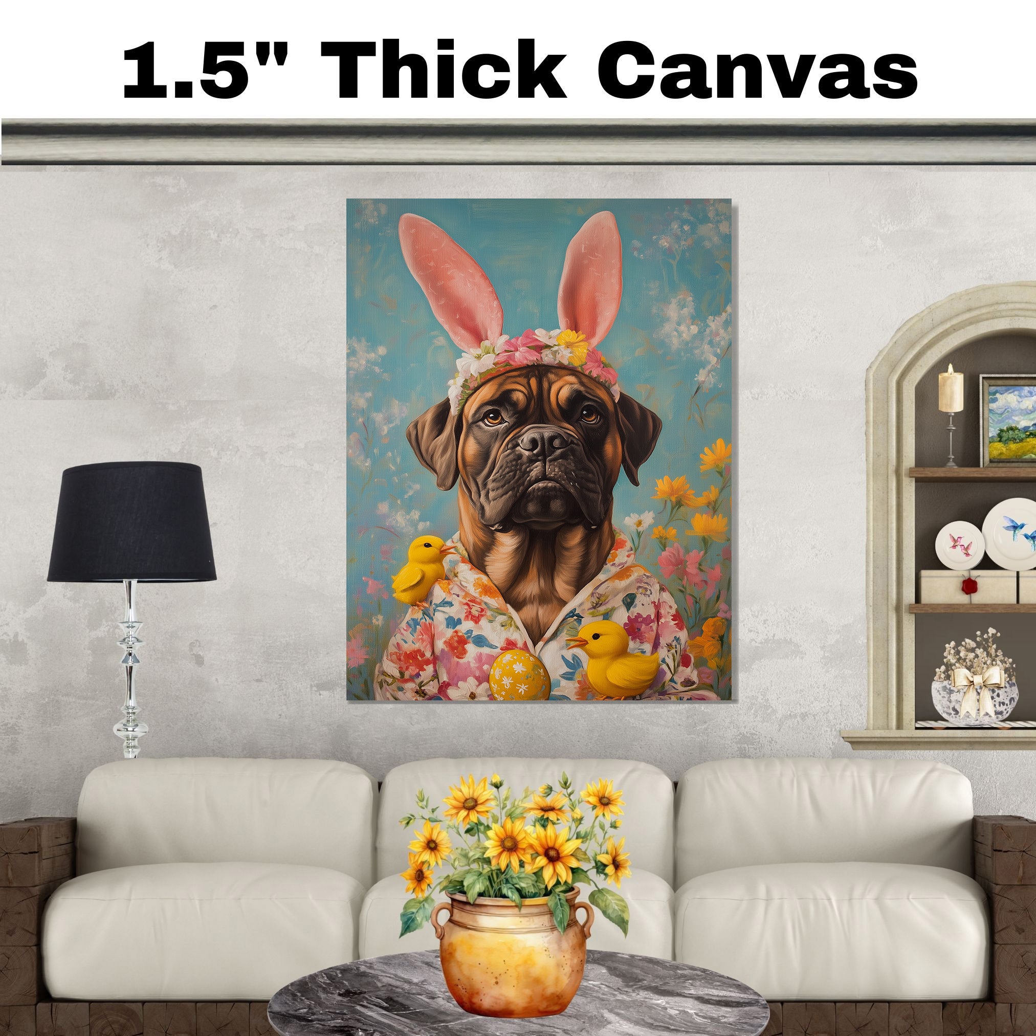Easter Elegance: Bullmastiff Dressed in a Festive Spring Ensemble on Premium Canvas Wrap, Framed Print, or Rolled Artwork