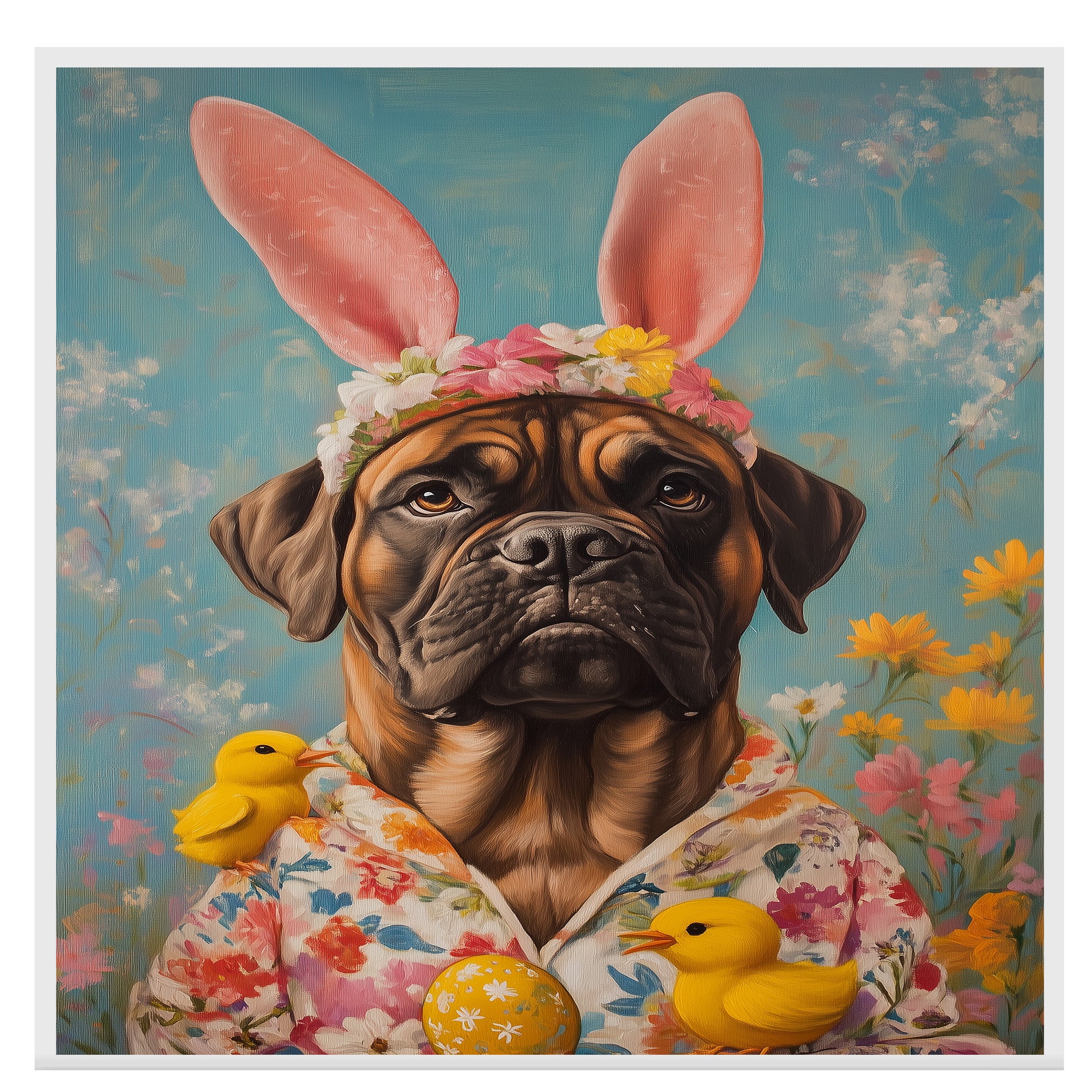 Easter Elegance: Bullmastiff Dressed in a Festive Spring Ensemble on Premium Canvas Wrap, Framed Print, or Rolled Artwork